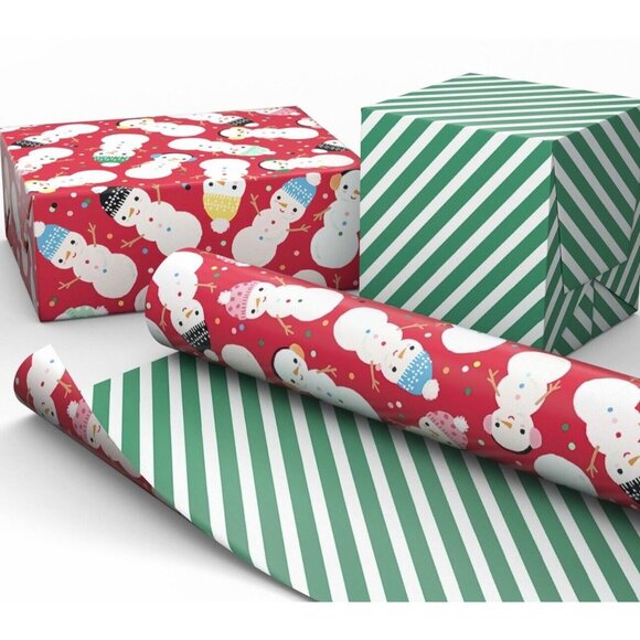 Hallmark Wrapping Paper Christmas Snowman on Red/Green Stripes Reversible 35 sq - Picture 3 of 4